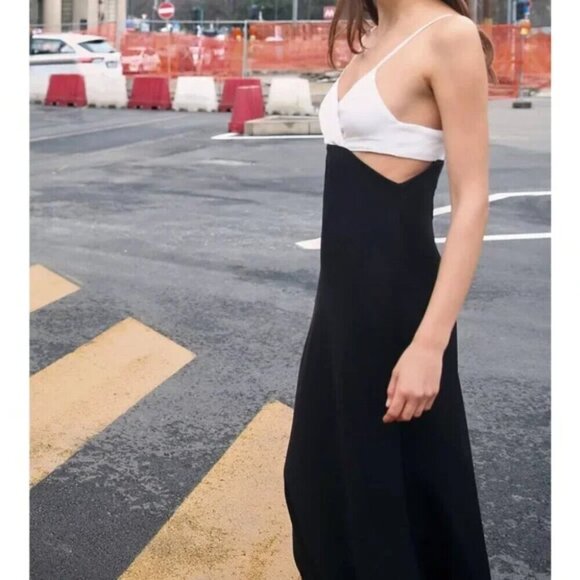 Zara Two Toned Cut Out Midi Dress NWT Black White Size Medium - Picture 5 of 13